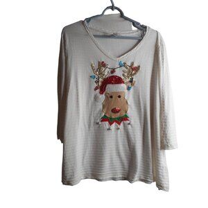 Sequin Rudolph Top Ugly Christmas Shirt Sz 1X white 3/4 sleeve knit Thomas & Oli